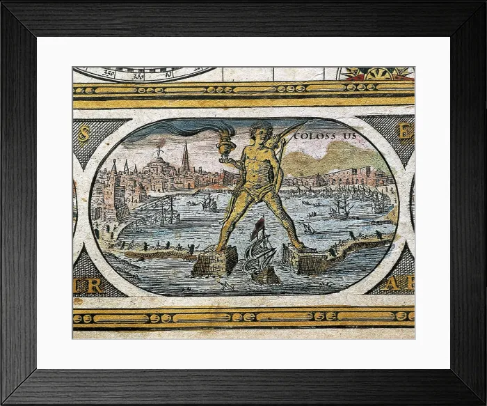 Framed Print : BLAEU, Willem Janszoon (1571-1638); BLAEU, Jan (1596-1673). Le Theatre du Monde (The World Theatre). 1645. Colossus of Rhodes, one of the Seven Wonders of the Ancient World