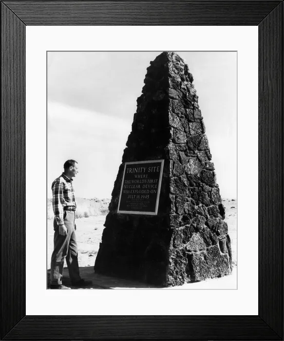 Framed Print : A man reading the plaque on a monument at The Trinity Site, where the first atomic explosion took place, Socorro, New Mexico, 1965.. Courtesy: CSU Archives  /  Everett Collection