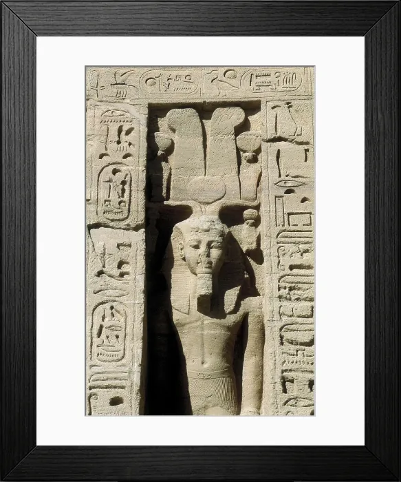 Framed Print : Temple of Nefertari dedicated to Hathor. 1271 -1256 BC. EGYPT. Abu Simbel. Entrance to the temple. Colossus depicting Nefertari with the insignia of Goddess Hathor. Egyptian art
