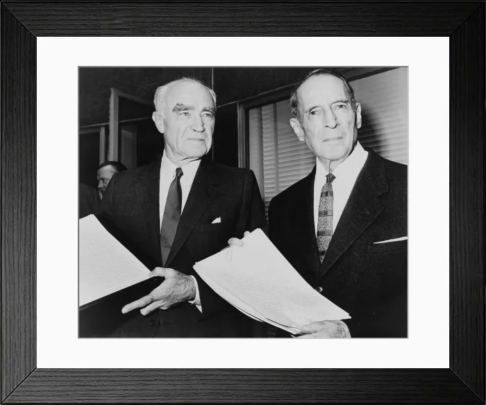 Framed Print : Henry R. Luce (1898-1967) and General Douglas MacArthur (1880-1964) holding hand-written pages of MacArthur's memoirs, that LIFE magazine had bought rights to publish. 1963