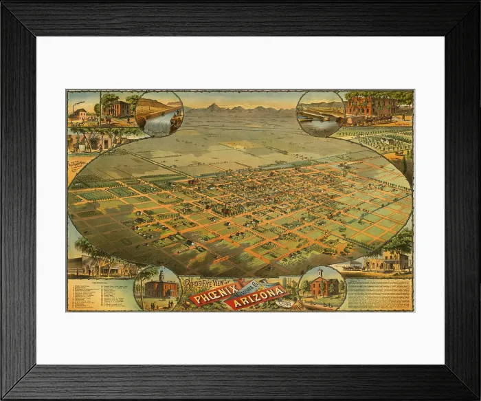 Framed Print : 1885 bird's eye view of Phoenix, Arizona