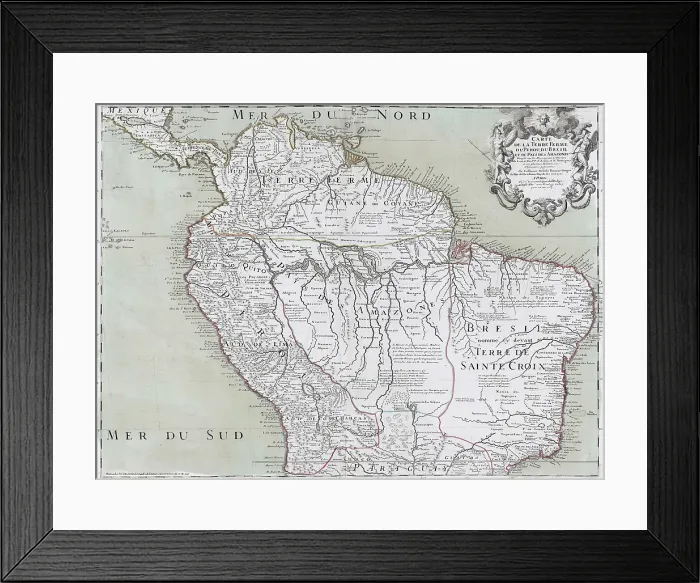 Framed Print : 1745 map of northern South American continent, showing colonial place names for Brazil, Paraguay, Peru, Panama