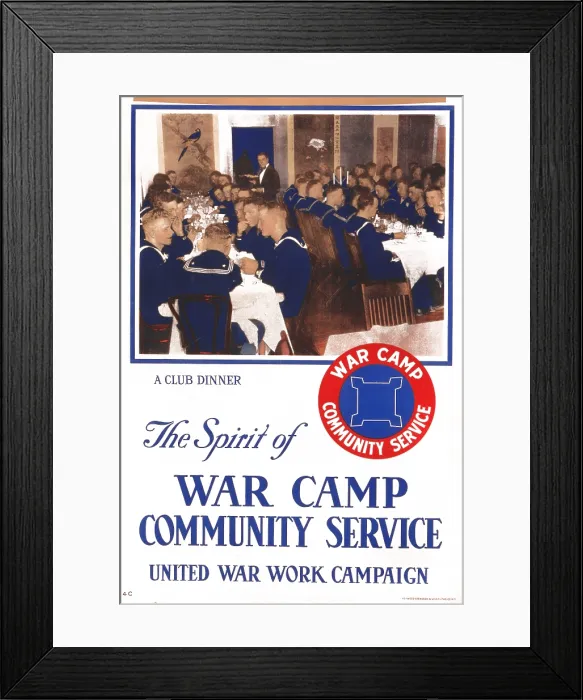 Framed Print : Poster showing a group of sailors socializing at table after a meal, The spirit of war camp community service, Heywood Strasser & Voigt Litho. Co. New York, lithograph, 1918