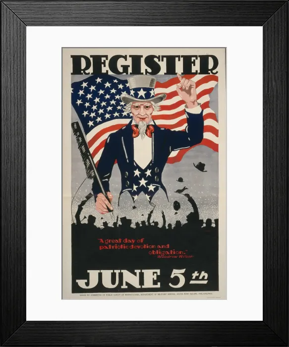 Framed Print : Uncle Sam and the American Flag on a World War I poster from 1917 encouraging men to register for military service in World War 1 Framed Print : Uncle Sam and the American Flag on a World War I poster from 1917 encouraging men to register for military service in World War 1
