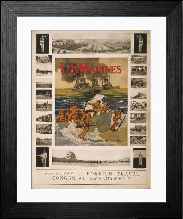 Framed Print : U.S. Marines recruitment poster showing marines coming ashore with ships in background, shows a series of views of marines engaged in training, educational Framed Print : U.S. Marines recruitment poster showing marines coming ashore with ships in background, shows a series of views of marines engaged in training, educational