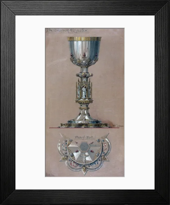 Framed Print : Gorham Silver. Design drawing for metalwork: 'Design for Chalice, Plan of Foot.' Gothic treasure / reliquary style, jeweled, with architecture, niche figures, crucifix Framed Print : Gorham Silver. Design drawing for metalwork: 'Design for Chalice, Plan of Foot.' Gothic treasure / reliquary style, jeweled, with architecture, niche figures, crucifix