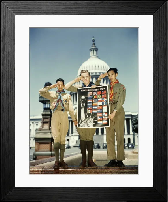 Framed Print : World War II, three Boy Scouts with a United Nations poster in front of the Capitol Building, original title: United Nations Fight for Freedom : colored Framed Print : World War II, three Boy Scouts with a United Nations poster in front of the Capitol Building, original title: United Nations Fight for Freedom : colored