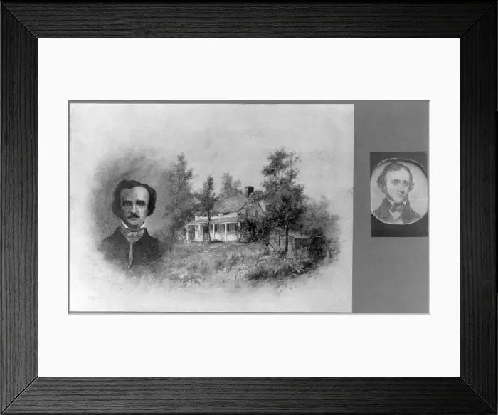 Framed Print : Edgar Allan Poe, (1809-1849), Composite of head-and-shoulders portrait of Edgar Allan Poe and Fordham House, New York, November 21, 1908