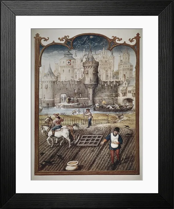 Framed Print : Grimani Breviary. 16th c. Month of October. Representation of the sowing. Renaissance art. Miniature Painting. ITALY. Venice. Biblioteca nazionale marciana (St)