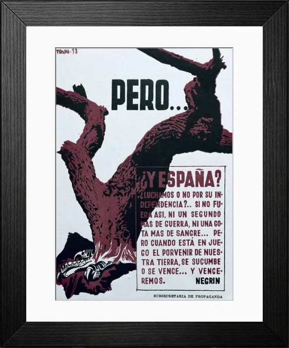 Framed Print : Spanish Civil War (1936-1939). 'Pero... Y Espaa?' (But... What About Spain?). Republican postcard by Josep Renau with text by Juan Negrn Framed Print : Spanish Civil War (1936-1939). 'Pero... Y Espaa?' (But... What About Spain?). Republican postcard by Josep Renau with text by Juan Negrn