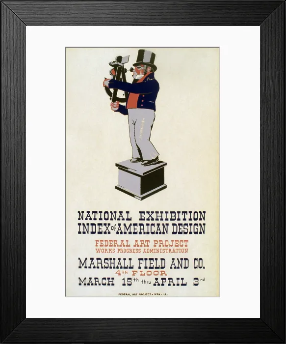 Framed Print : Poster for Federal Art Project exhibition 'Index of American Design' at Marshall Field and Co. 4th floor, showing an 18th century sailor using a sextant