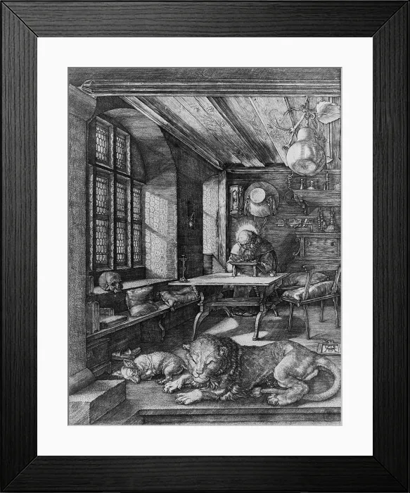Framed Print : Saint Jerome (347-410), depicted as a scholar in his study, translating the Bible into Latin. Jerome was among the most important Church Fathers of the Late Roman Empire