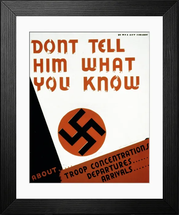 Framed Print : World War II, Poster suggesting careless communication may be harmful to the war effort, showing a swastika, text reads: Dont tell him what you know about