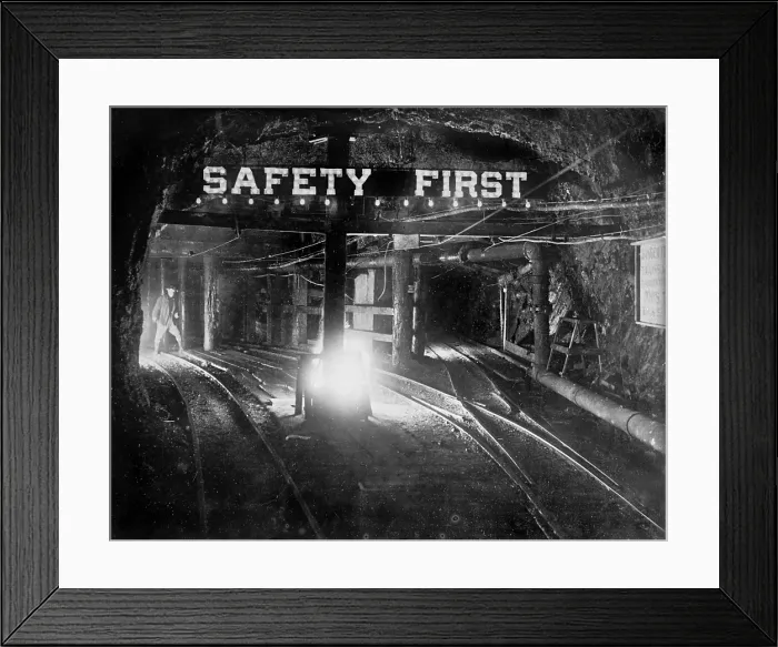 Framed Print : Safety sign in a coal mine, photograph circa 1908-1919