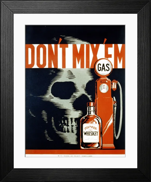 Framed Print : Poster showing whiskey bottle, gas pump, and a skull, warning against intoxication and driving, text reads: Don't mix em, poster by Robert Lachenmann, 1937