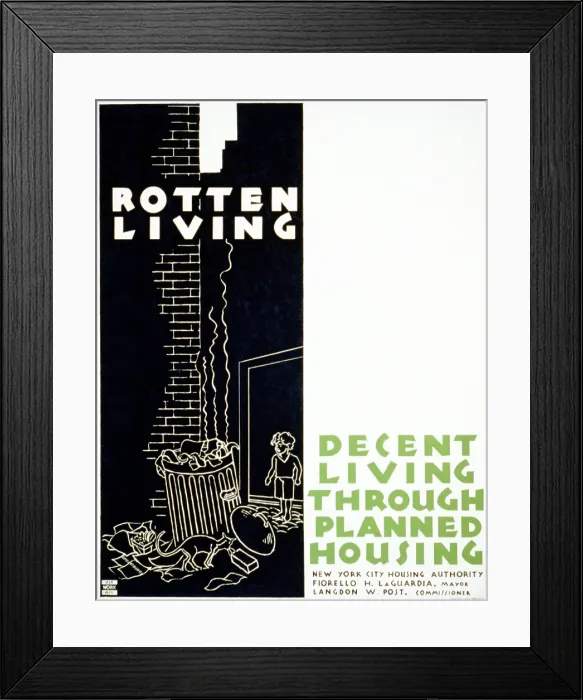 Framed Print : Poster promoting planned housing as a solution to better living conditions in cities, showing a child standing in a alley with a trash can and cat rummaging through the garbage