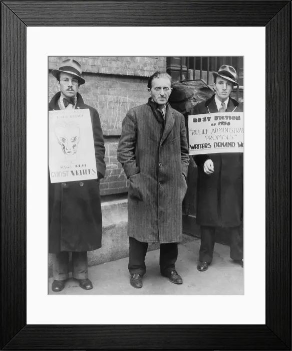 Framed Print : Maxwell Bodenheim (1893-1954), Greenwich Village poet, and three supporters with signs, asking for relief money from the city for writers in 1935, during the Great Depression Framed Print : Maxwell Bodenheim (1893-1954), Greenwich Village poet, and three supporters with signs, asking for relief money from the city for writers in 1935, during the Great Depression