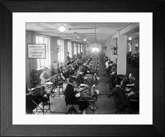 Framed Print : In newly established Bonus Bureau's Computing Division, over forty employees use 'state of the art' calculating machines Framed Print : In newly established Bonus Bureau's Computing Division, over forty employees use 'state of the art' calculating machines