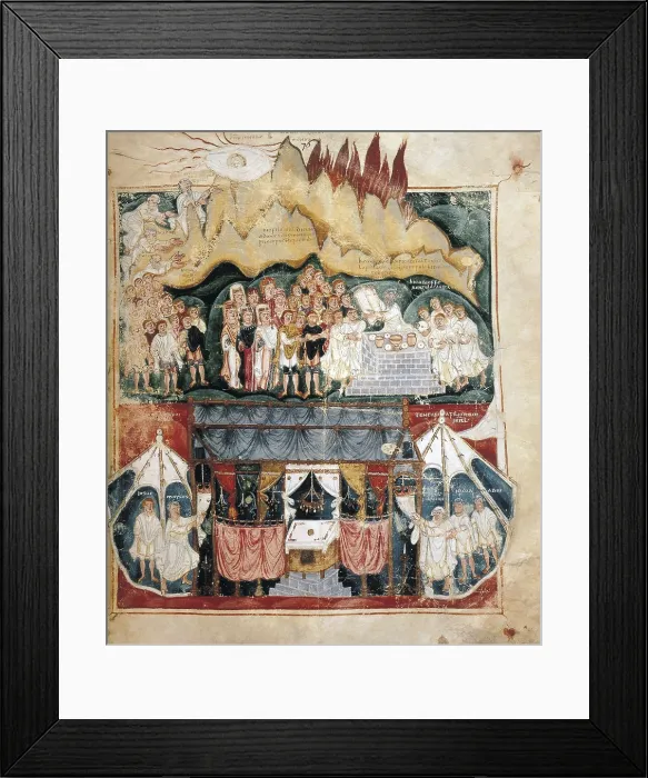 Framed Print : Ashburnam Pentateuch or Tours Pentateuch. 5th-6th c. Representation of Moses in the Mount Sinaithe Tables of the Law and the tabernacle. Visigothic art. Miniature Painting