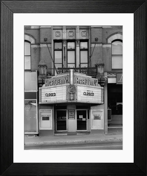 Framed Print : Movie Theaters, Academy Building, detail of theater, constructed in 1876, 68-114 South Main Street, Fall River, Massachusetts, circa 1980s