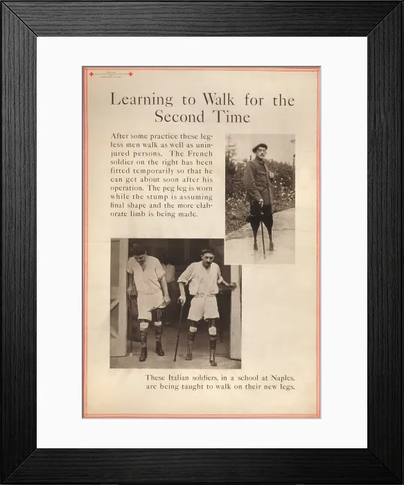 Framed Print : World War I, Red Cross Poster showing two scenes in which French and Italian soldiers with double leg amputations are being taught to walk with prostheses