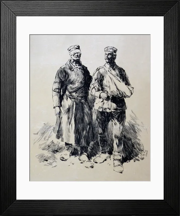 Framed Print : World War I, Poster shows wounded German veterans, a blind soldier being led by a soldier with his arm in a sling, lithograph by Dr. C. Wolf U. Sohn, 1917