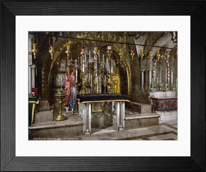 Framed Print : Religion, The Calvary and the Greek altar in the Church of the Holy Sepulchre, Jerusalem, on the site of Golgotha, the Hill of Calvary; color photochrom, 1890s