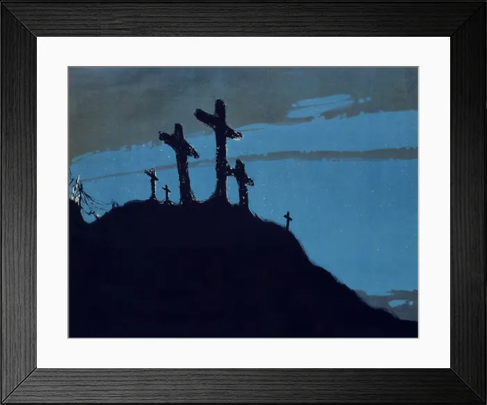Framed Print : Religion. Detail of a World War I poster showing graves marked with crosses on a hill, much like views of Calvary, color lithograph by Welsh devitt, 1918
