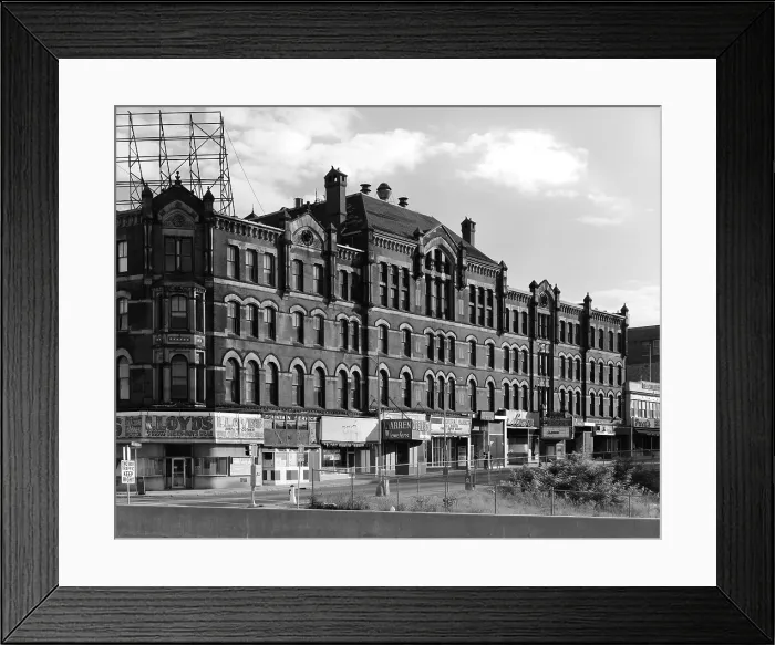 Framed Print : Movie Theaters, Academy Building, Academy theater is to the right, constructed in 1876, 68-114 South Main Street, Fall River, Massachusetts, circa 1980s