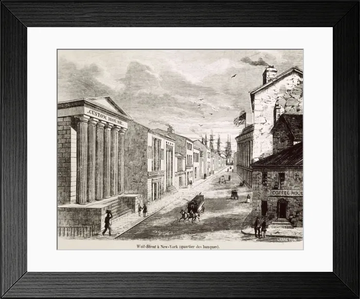 Framed Print : New York. Wall Street with the buildings of Custom House, Stock Exhange and banks. Engraving. AISA / Everett Collection**US SALES ONLY**