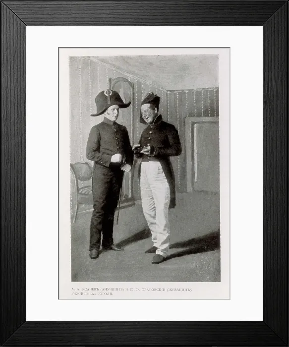 Framed Print : GOGOL, Nikolai Vasilievich (1809-1852). Scene of 'The Marriage' with the actors Usachev (Anuchkin) and Ozarovski (Zhevakin)