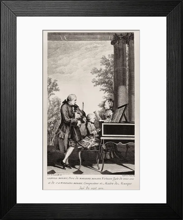 Framed Print : Mozart when he was 7 seven years old playing the harpsichord with his father Leopold and his sister Marianne. Etching. AISA / Everett Collection**US SALES ONLY** Framed Print : Mozart when he was 7 seven years old playing the harpsichord with his father Leopold and his sister Marianne. Etching. AISA / Everett Collection**US SALES ONLY**