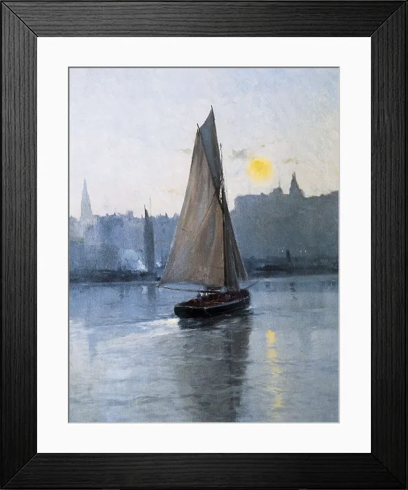 Framed Print : MEIFREN I ROIG, Eliseu (1859-1940). Boat entering the harbour. ca. 1885. Modernism. Oil on canvas. SPAIN. Barcelona. Oriol Gallery