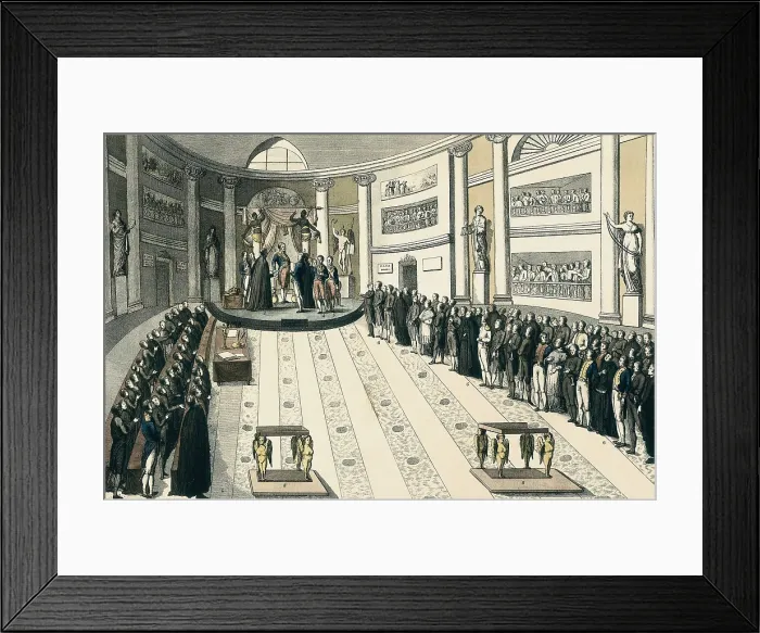 Framed Print : Spain. Liberal Triennium. Ferdinand VII swears the Constitution at the Assembly Hall of the Royal Palace (9th July 1820). Etching. SPAIN. Madrid. Municipal Museum Framed Print : Spain. Liberal Triennium. Ferdinand VII swears the Constitution at the Assembly Hall of the Royal Palace (9th July 1820). Etching. SPAIN. Madrid. Municipal Museum