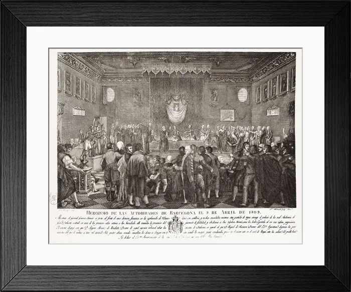 Framed Print : Spain. Peninsular War (1808-1814). Heroism of the authorities of Barcelona (9th April 1809). Etching. SPAIN. Barcelona. Barcelona City History Museum