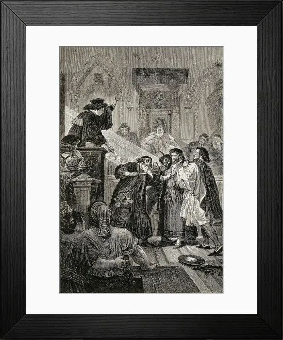 Framed Print : SHAKESPEARE, William (1564-1616). Scene from William Shakespeare's work 'The Merchant of Venice' (ca.1596). Illustration of the trial, 1881. Engraving