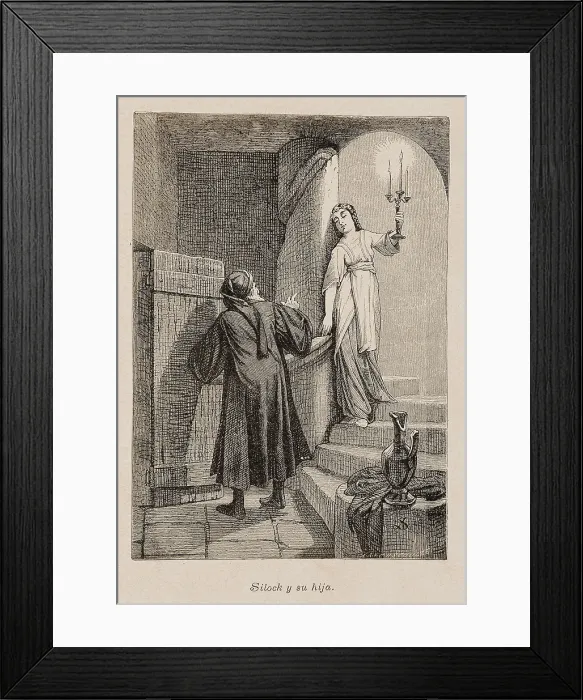 Framed Print : SHAKESPEARE, William (1564-1616). Scene from William Shakespeare's work 'The Merchant of Venice' (ca.1596). Illustration of Shylock and his daughter, 1881