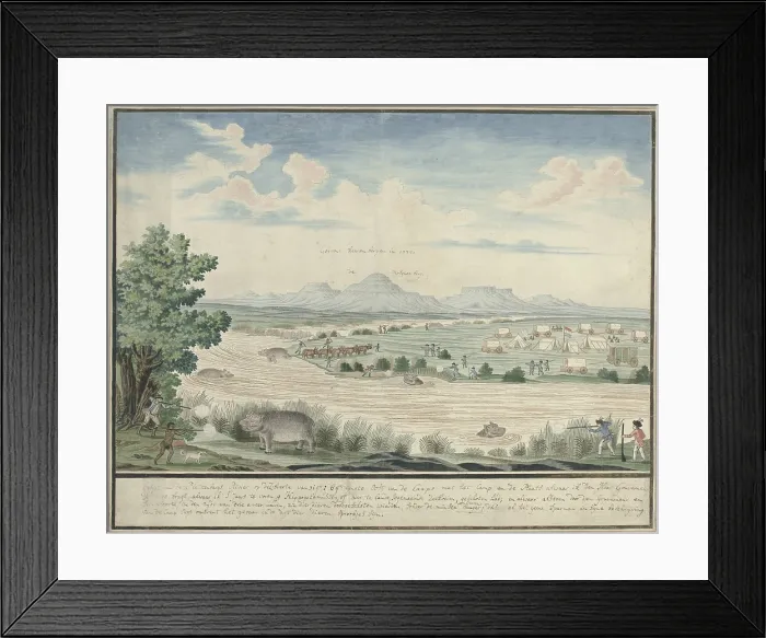 Framed Print : Hunting Hippos along the Plettenberg River, by Robert Jacob Gordon, 1777-86, Scottish drawing, watercolor, ink, on paper