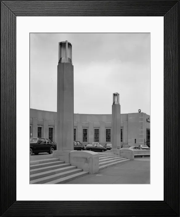 Framed Print : Cincinnati Union Terminal, lighting pylons, constructed in 1933, partially demolished in 1974, Cincinnati, Ohio, photograph circa early 1970s