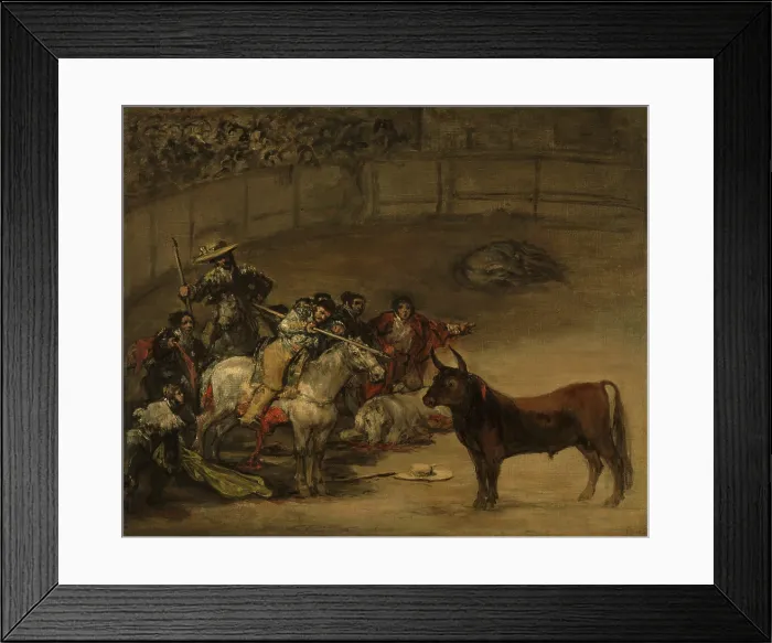 Framed Print : Bullfight, by Francisco Goya, 1824, Spanish painting, oil on canvas. In a bullring, the bull eyes the picador as other men fearfully try to distract the animal Framed Print : Bullfight, by Francisco Goya, 1824, Spanish painting, oil on canvas. In a bullring, the bull eyes the picador as other men fearfully try to distract the animal