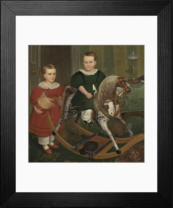 Framed Print : The Hobby Horse, by Robert Peckham, 1840, American Nave painting, oil on canvas. The hide-covered hobby horse, has a real horsehair mane and tail Framed Print : The Hobby Horse, by Robert Peckham, 1840, American Nave painting, oil on canvas. The hide-covered hobby horse, has a real horsehair mane and tail