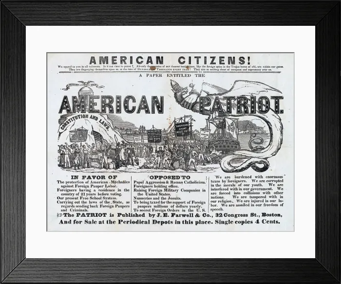 Framed Print : Anti-Irish advertisement. An advertisement announcing publication of the 'American Citizen, ' a short-lived nativist newspaper