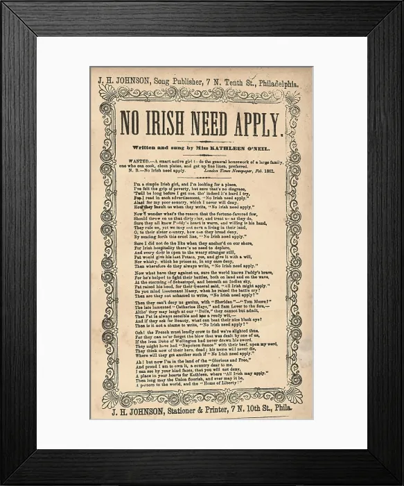Framed Print : Anti-Irish. No Irish Need Apply, sheet music, includes reproduction of newspaper ad: WANTED.--A smart active girl to do the general housework of a large family, one who can cook