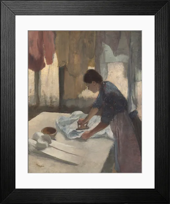 Framed Print : Woman Ironing, by Edgar Degas, 1878-87, French impressionist painting, oil on canvas. Degas was interested in laundresses movements, postures, and the rhythms of their work