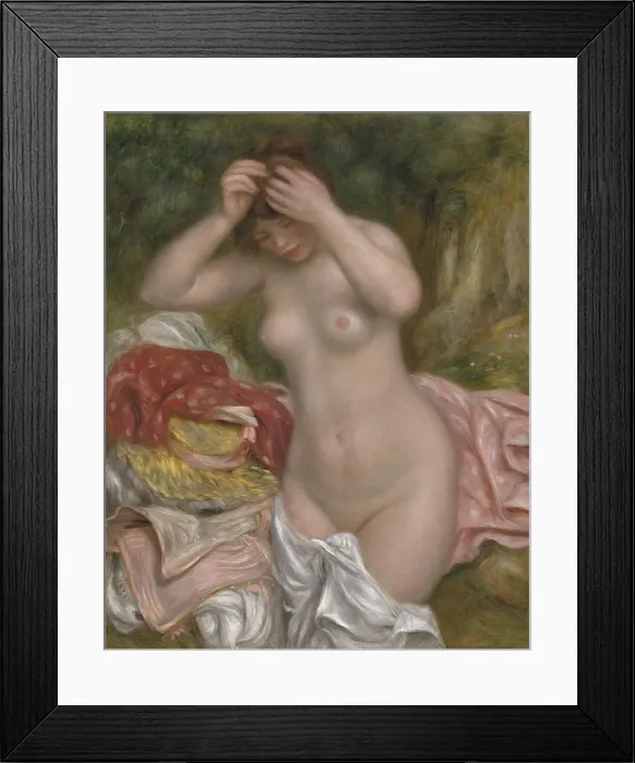 Framed Print : Bather Arranging Her Hair, by Auguste Renoir, 1893, French impressionist painting, oil on canvas. Renoir rendered this sculptural nude with clarity of form