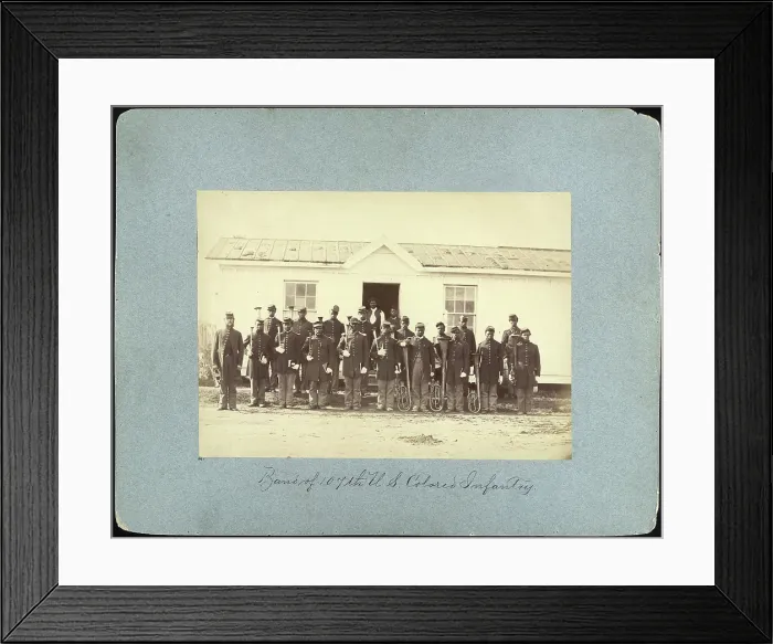 Framed Print : The Civil War, group of 21 African American men holding musical instruments, title: Band of 107th U.S. Colored Infantry, Arlington, Virginia, photograph by William M Framed Print : The Civil War, group of 21 African American men holding musical instruments, title: Band of 107th U.S. Colored Infantry, Arlington, Virginia, photograph by William M