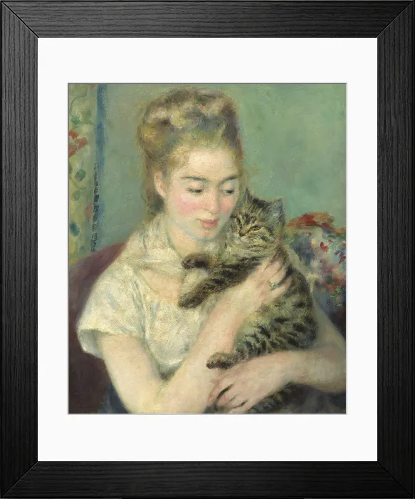 Framed Print : Woman with a Cat, by Auguste Renoir, 1875, French painting, oil on canvas. This is a classic Renoir portrait from his pure impressionist period in the 1870s (BSLOC_2016_5_138)