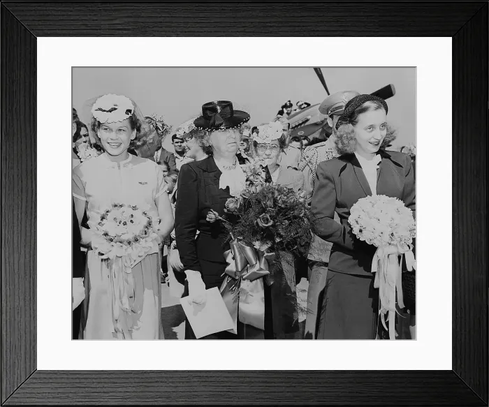 Framed Print : Bess (center) and Margaret Truman (right) during christening ceremony of two Naval airplanes Framed Print : Bess (center) and Margaret Truman (right) during christening ceremony of two Naval airplanes