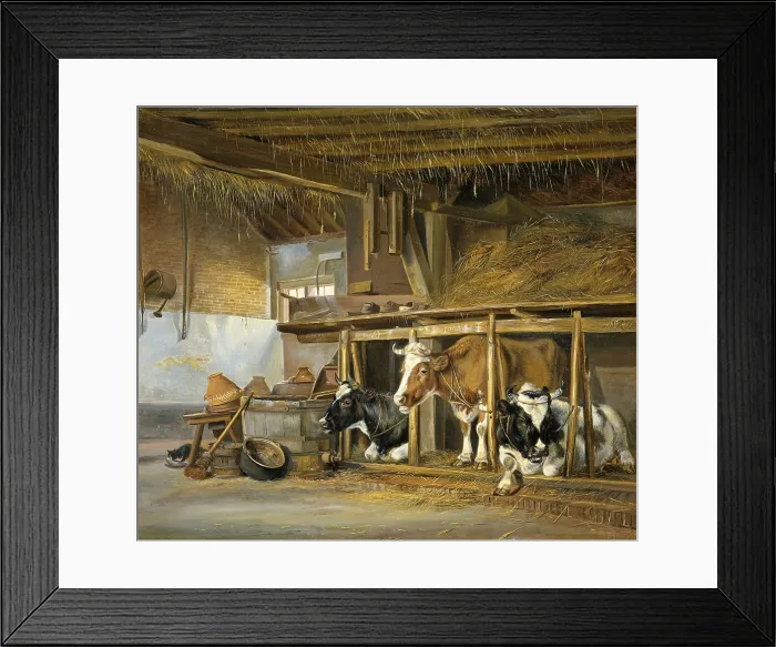 Framed Print : Cows in a Stable, by Jan van Ravenswaay, 1820, Dutch painting, oil on canvas. Barn interior with three cows in stalls under a hay loft Framed Print : Cows in a Stable, by Jan van Ravenswaay, 1820, Dutch painting, oil on canvas. Barn interior with three cows in stalls under a hay loft