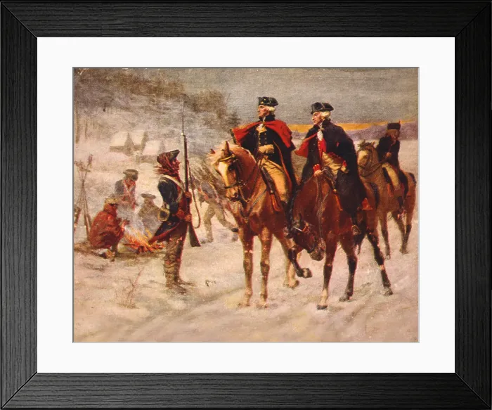 Framed Print : The American Revolution, Washington and Lafayette at Valley Forge, President George Washington and Marquis de Lafayette on horseback in at winter quarters in Valley Forge